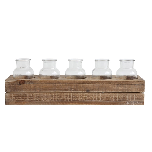 17" Wooden Crate with 5 Glass Bottles